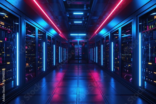 A very long hallway with an abundance of neon lights casting a vibrant glow throughout the space, Space-age design of a NAS storage system, AI Generated