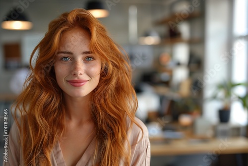 Young Woman with Long Red Hair and Coral Blouse Stands Confidently in Office Setting