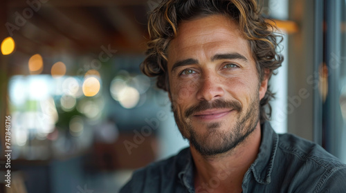 Charming man with curly hair and rugged look, smiling inside a building with a blurred background