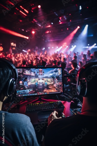 A competitive gaming league match being broadcast live on television or online streaming platforms
