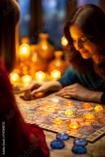 A couple enjoying a game of Azul, strategically placing colorful tiles to create beautiful patterns on their board photo