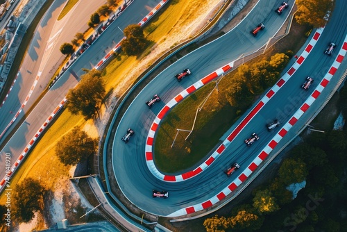 This aerial photo captures the intense action as multiple cars race around a modern race track, Spectacular aerial view of a Formula One circuit with speeding sports cars, AI Generated © Iftikhar alam