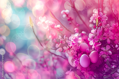 Easter card with pastel colors Easter eggs with flowers on blurred background. free space
