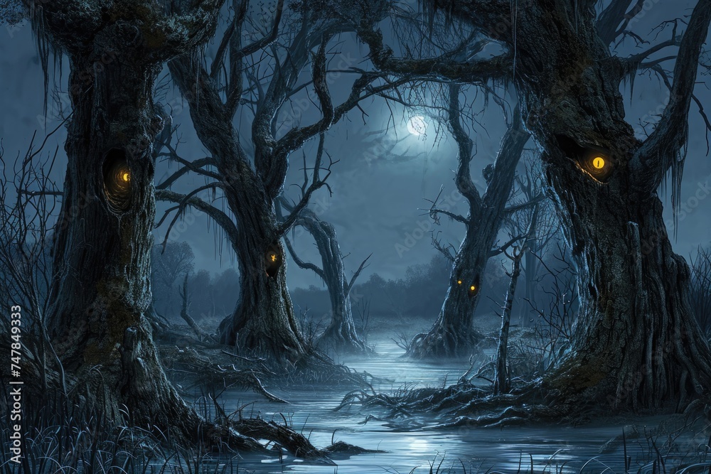 A painting depicting a dark swamp illuminated by the eerie glow of eyes, Spooky moonlit swamp with gnarled trees and glowing eyes, AI Generated - obrazy, fototapety, plakaty 