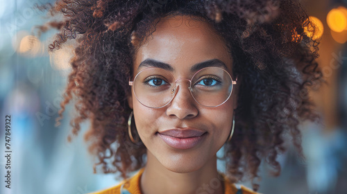 Portrait of a young woman with curly hair and glasses smiling confidently