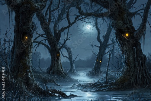 A painting depicting a dark swamp illuminated by the eerie glow of eyes, Spooky moonlit swamp with gnarled trees and glowing eyes, AI Generated photo