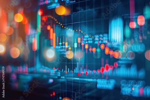 Closeup financial chart with uptrend line candlestick graph in stock market on blue color monitor background. © akimtan