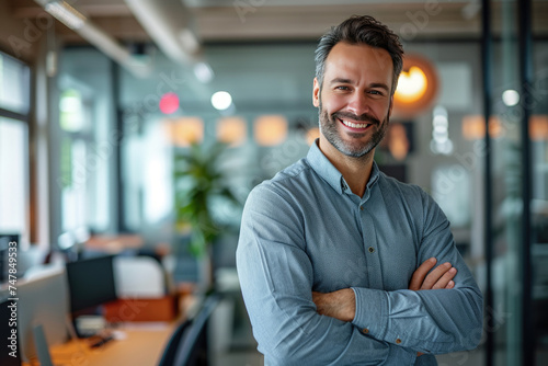 Cheerful businessman in casual work clothes in dynamic and colorful office