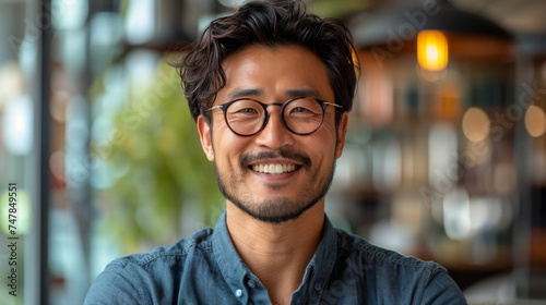 Cheerful Asian male with stylish glasses and denim shirt, standing indoors with a blurred background