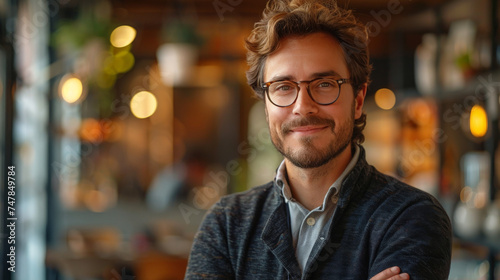Confident male with glasses in a casual sweater at a café interior photo