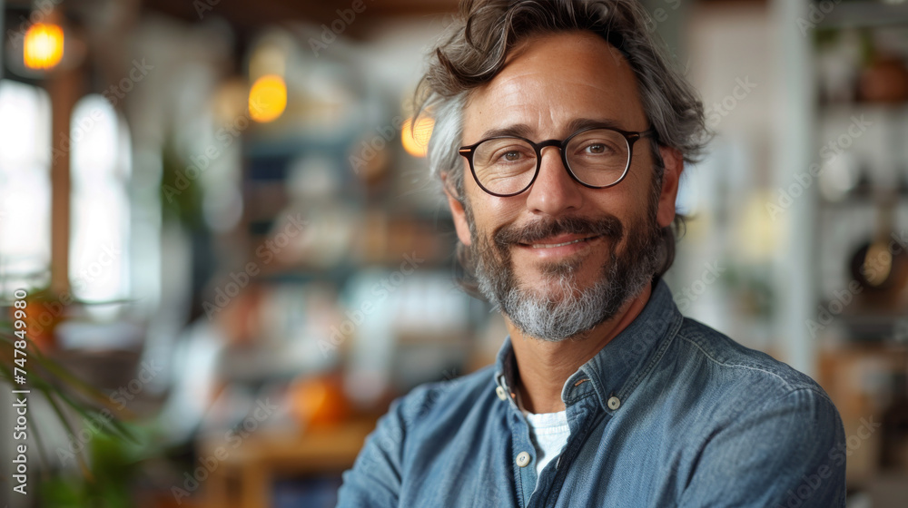 Cheerful mature man with glasses smiling warmly in an indoor setting Cheerful mature man with glasses smiling warmly in an indoor setting
