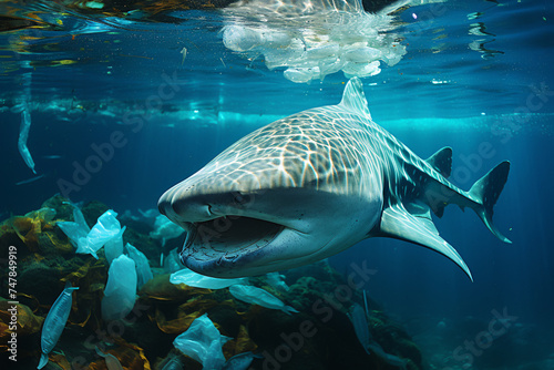 Plastic Marine Pollution. Whale Shark filter bait