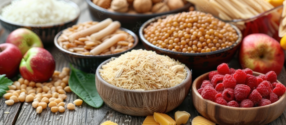 A table is presented with an array of bowls containing different types of food, showcasing a variety of colors, textures, and flavors. The assortment includes fruits, vegetables, grains, and proteins