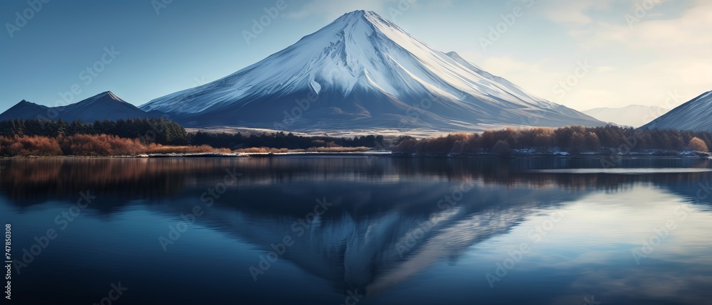 Serene Morning: Volcanic Mountain Reflected in Calm Lake Waters - Canon RF 50mm f/1.2L USM Capture