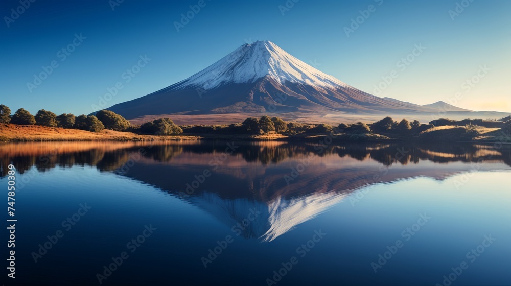 Serene Morning: Volcanic Mountain Reflected in Calm Lake Waters - Canon RF 50mm f/1.2L USM Capture Serene Morning: Volcanic Mountain Reflected in Calm Lake Waters - Canon RF 50mm f/1.2L USM Capture