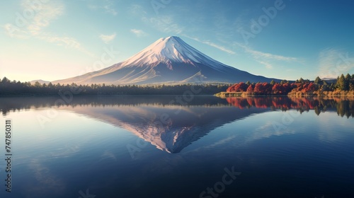 Serene Morning: Volcanic Mountain Reflected in Calm Lake Waters - Canon RF 50mm f/1.2L USM Capture