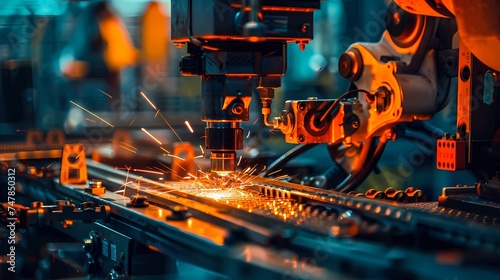 Sparks fly as a robotic arm precisely cuts through metal in an industrial setting. The image highlights the intersection of technology and manufacturing. AI Generative
