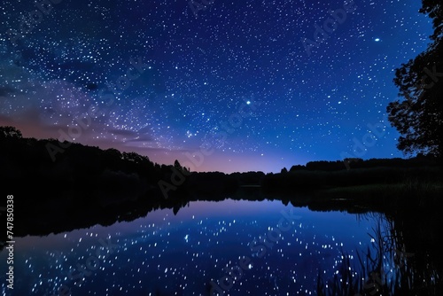 The night sky with stars and celestial bodies is perfectly mirrored in the calm water, providing a stunning reflection, Starry night over a peaceful lake, reflecting heart-shaped stars, AI Generated