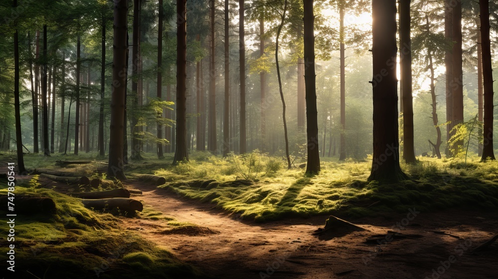 Obraz premium Wide-angle Panoramic View of Forest with Sun Rays, Captured by Canon RF 50mm f/1.2L USM