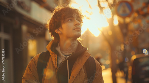 An introspective young man with tousled hair gazes into the sunset shining down an urban street, wearing a seasonal outfit