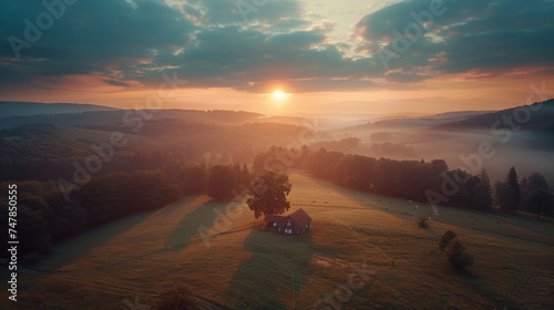 Aerial view of a solitary house amid lush fields at sunrise with mist clinging to the undulating landscape. Sun rays peeking over the horizon illuminate the scene with a warm glow.
