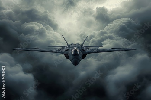 A powerful fighter jet streaks through the cloudy sky, leaving a trail of exhaust as it cuts through the air, Stealth fighter jet against a stormy sky, AI Generated