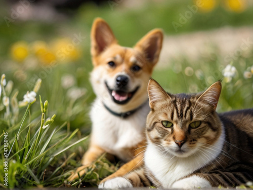 Cat and dog friendly sitting together on green meadow, concept of unexpected friendship
