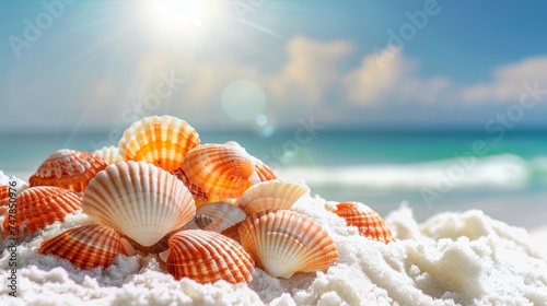  close up Orange shells single are stuck on a pile of white sand, the blue sea is blurry in the background, and the sun is bright