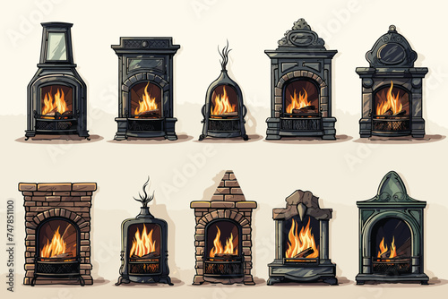 modern stone fireplace with hot flame vector illustration isolated on white background