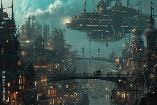 A bustling futuristic city with a multitude of towering buildings, showcasing the urban landscape of the future, Steampunk-inspired cityscape, AI Generated