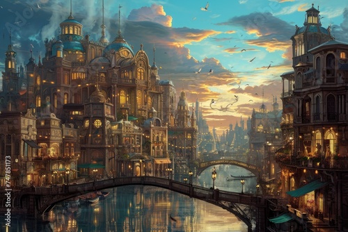 A detailed painting capturing a city at night, featuring a prominent bridge and its reflection on the water, Steampunk-inspired cityscape, AI Generated