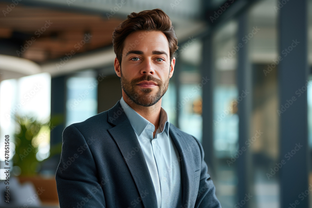 Charismatic professional businessman with beard wearing modern suit in modern office environment