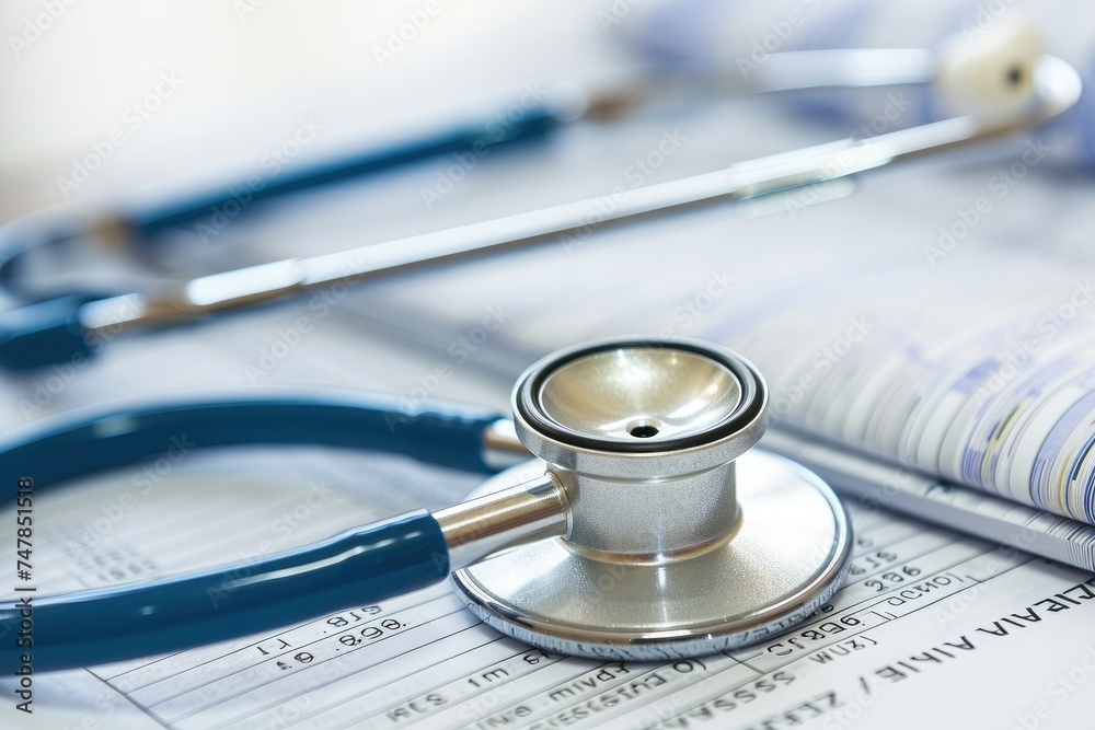 A stethoscope lays atop a neatly arranged medical paper, indicating a medical examination or diagnosis, Stethoscope on the medical report, AI Generated A stethoscope lays atop a neatly arranged medical paper, indicating a medical examination or diagnosis, Stethoscope on the medical report, AI Generated