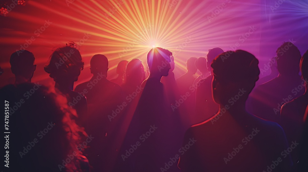 The starburst background illuminates the silhouette of a crowd of party people.