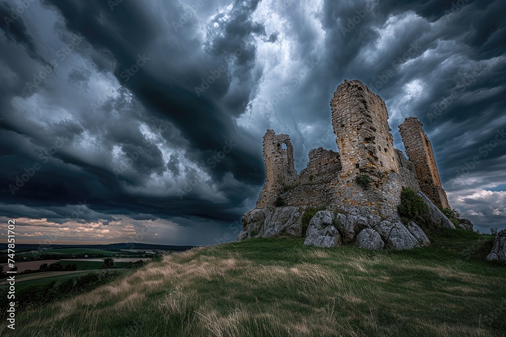 A fortress-like castle sits atop a hill, with billowing clouds hovering above, creating a dramatic scene, Storm clouds looming ominously over a medieval castle ruin, AI Generated