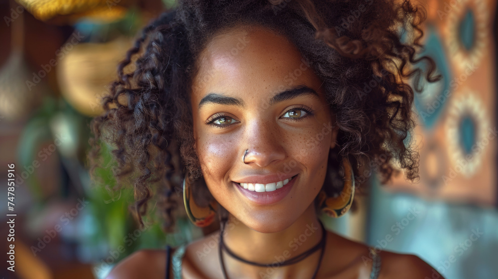 A vibrant portrait of a joyful woman with curly hair and bohemian style set in a warm-toned environment A vibrant portrait of a joyful woman with curly hair and bohemian style set in a warm-toned environment