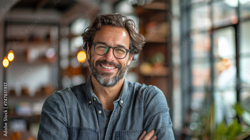 A stylish man wearing glasses and a denim shirt smiles warmly while standing in a cozy café setting - obrazy, fototapety, plakaty 