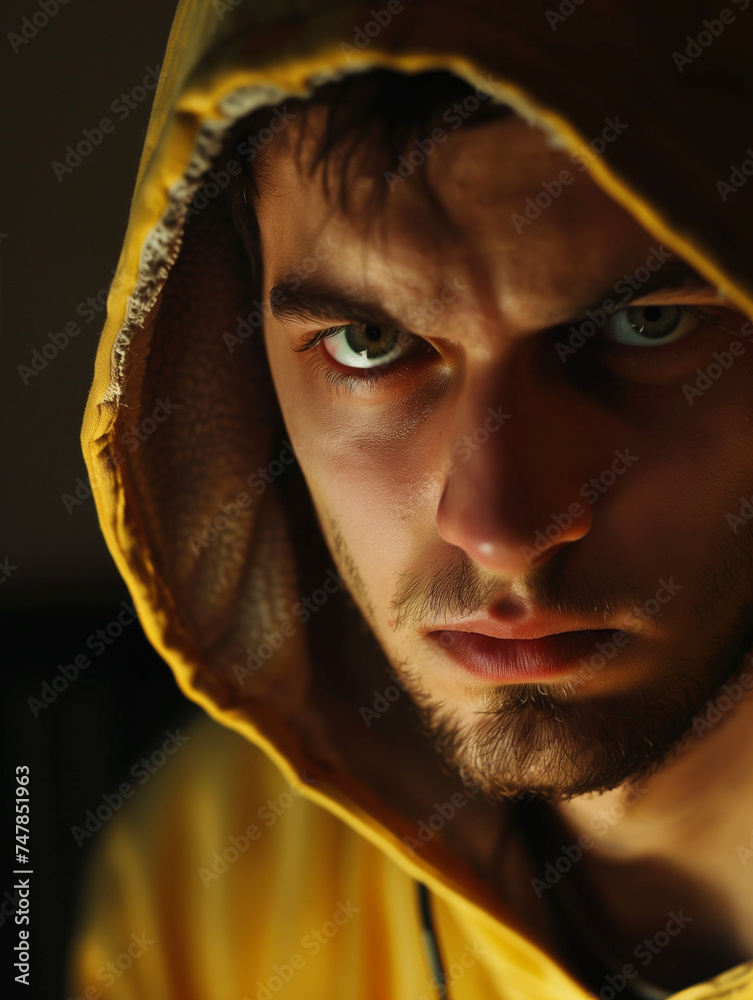 Mann mit einem leichten Bart und gelben Hoddie und Kaputze über dem Kopf schaut sehr ernst Mann mit einem leichten Bart und gelben Hoddie und Kaputze über dem Kopf schaut sehr ernst