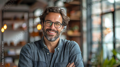 A stylish man wearing glasses and a denim shirt smiles warmly while standing in a cozy café setting