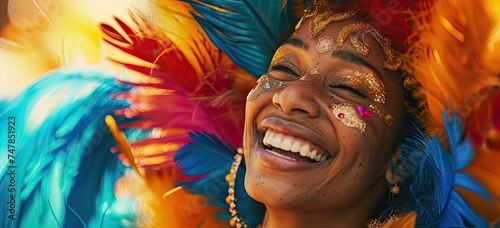 As the Carnival parade unfolds in a riot of colors, a captivating woman adds her own radiant presence to the lively spectacle