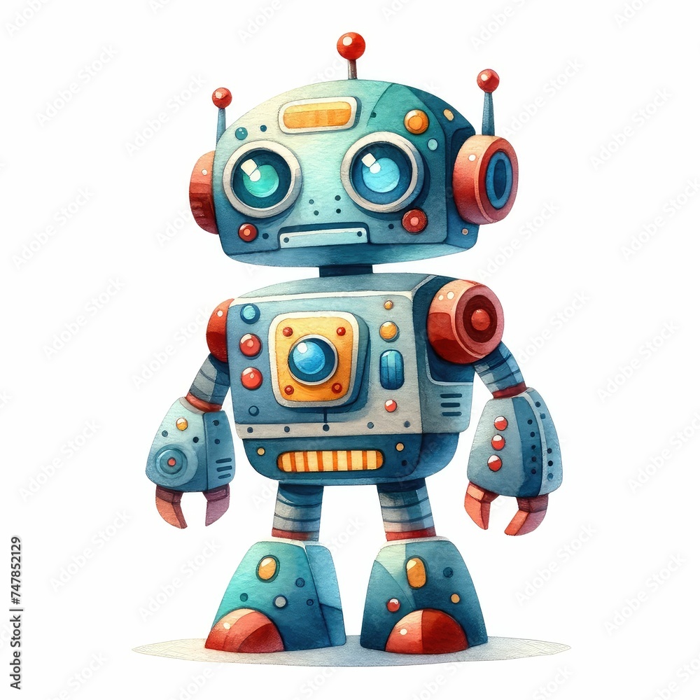 Robot character with different design and abilitie. watercolor illustration, Cute robot toy sticker with cartoon lettering. Robot character with different design and abilitie. watercolor illustration, Cute robot toy sticker with cartoon lettering.