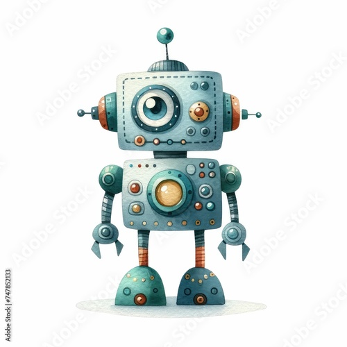 Robot character with different design and abilitie. watercolor illustration, Cute robot toy sticker with cartoon lettering.