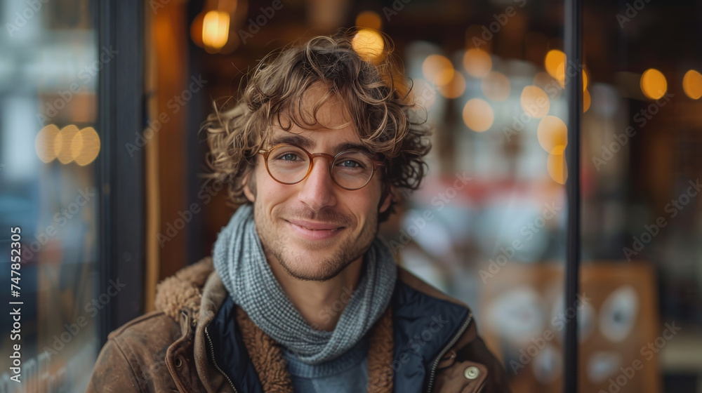 Casual yet stylish young man with glasses smiling inside a cozy venue