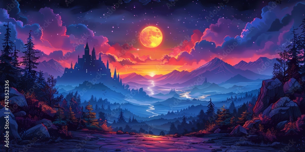 Mesmerizing night sky over a tranquil forest landscape with a towering silhouette.