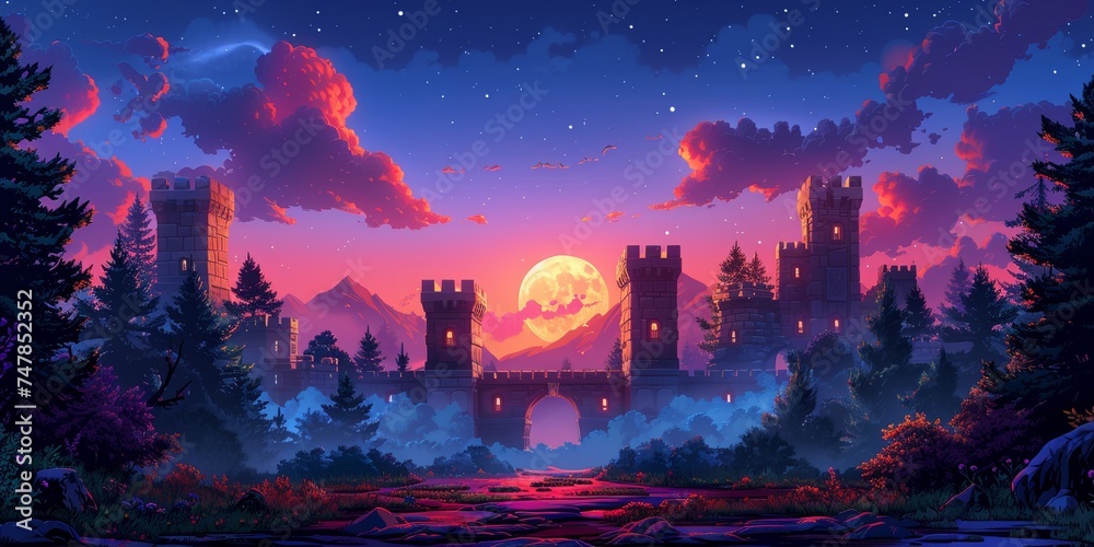 A mysterious castle on top of a hill, silhouetted against a moonlit night sky. - obrazy, fototapety, plakaty 