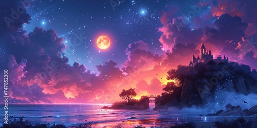 In the calm night sky, the moon illuminates the blue sea, creating a romantic scene.