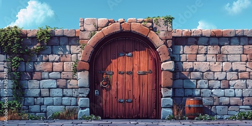 An old wooden door of medieval architecture with a textured facade and iron details.