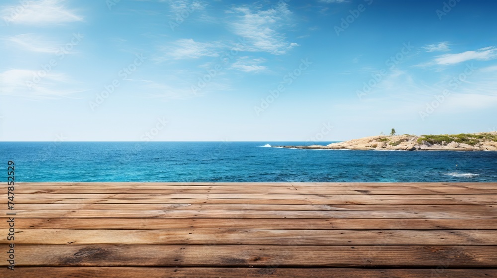 Serene Coastal Scene: Wooden Table Against Island Horizon & Azure Sky | Canon RF 50mm f/1.2L USM