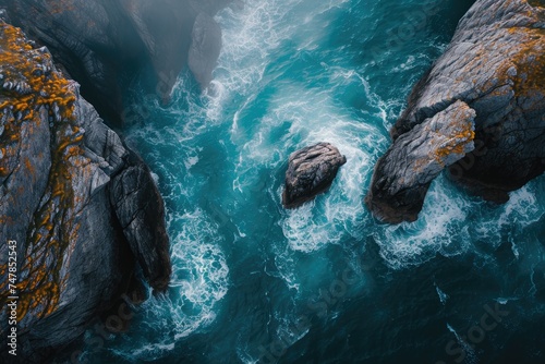 A stunning body of water is nestled amidst towering rocks and cliffs, creating a breathtaking natural landscape, Stunning overhead shot of sea waves dancing around sharp rocks, AI Generated