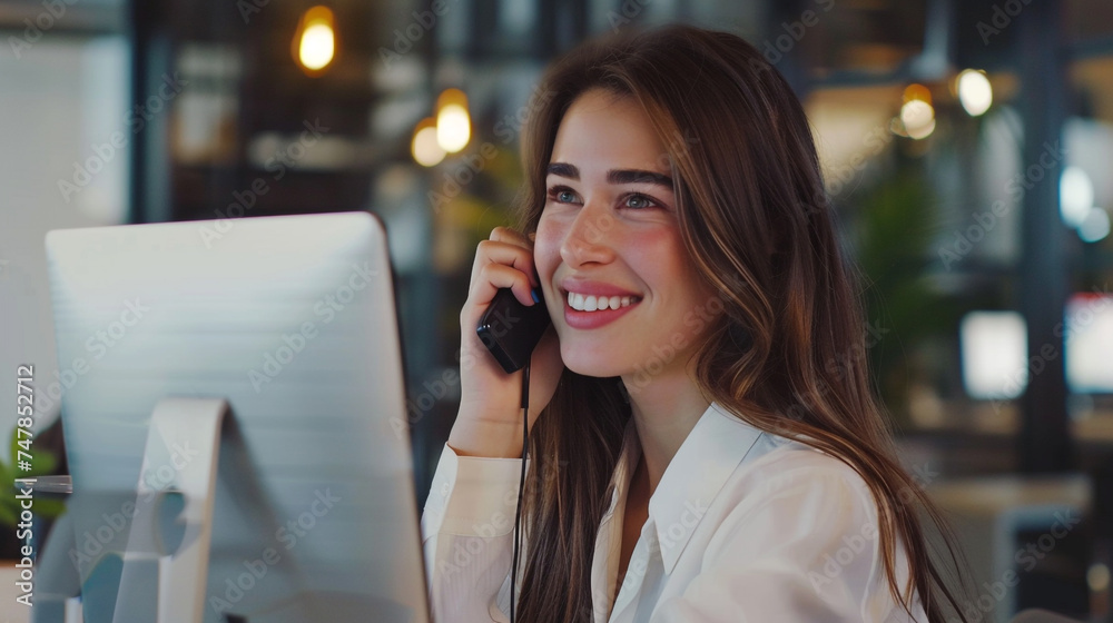 In a modern workspace, a white businesswoman with long brown hair engages in a phone call, her smile indicating a successful conversation